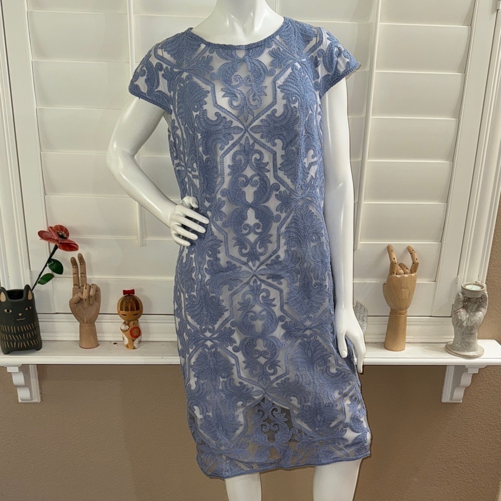 Tadashi Shoji BLUE STONE COTTON EMBROIDERED TULLE CAP SLEEVE DRESS
